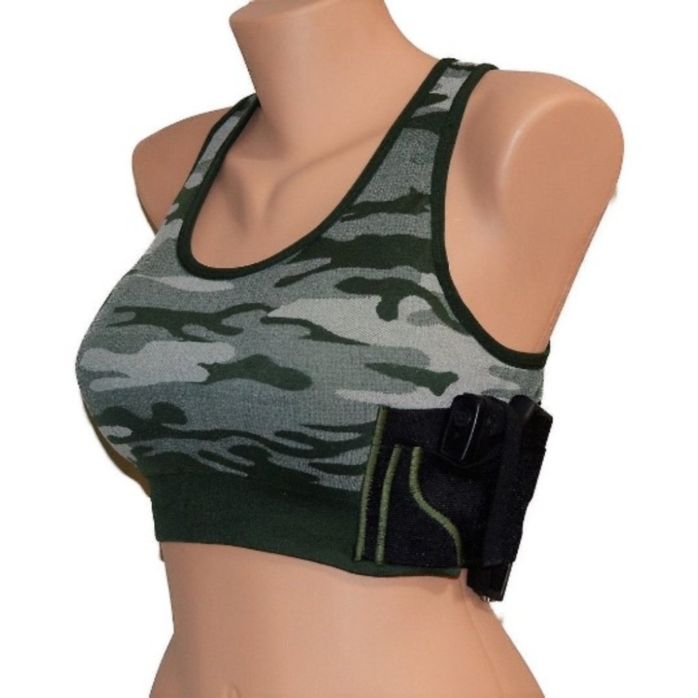Womens Concealed Carry Gun Holster Green Camo Bra Right or Left Hand Cross Draw